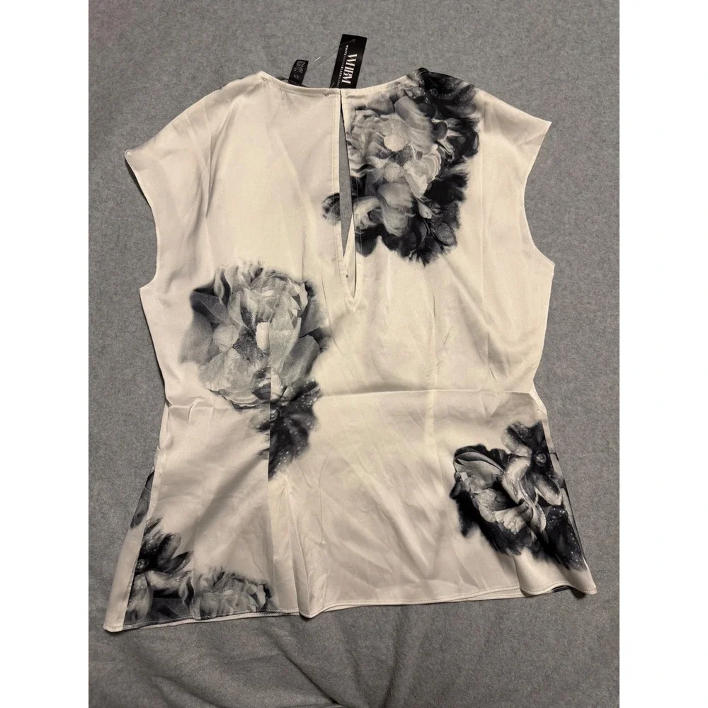 WHBM White House Black Market Floral Satin V-Neck Shell Top Ecru XS 570397747